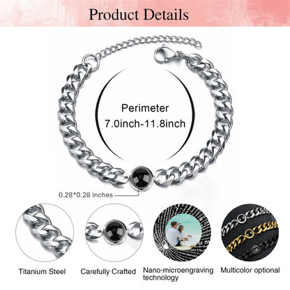 Custom Bracelet with Picture Inside Titanium Steel Cuban Link Chain Bracelet with Personalized Photo Projection for Men Women